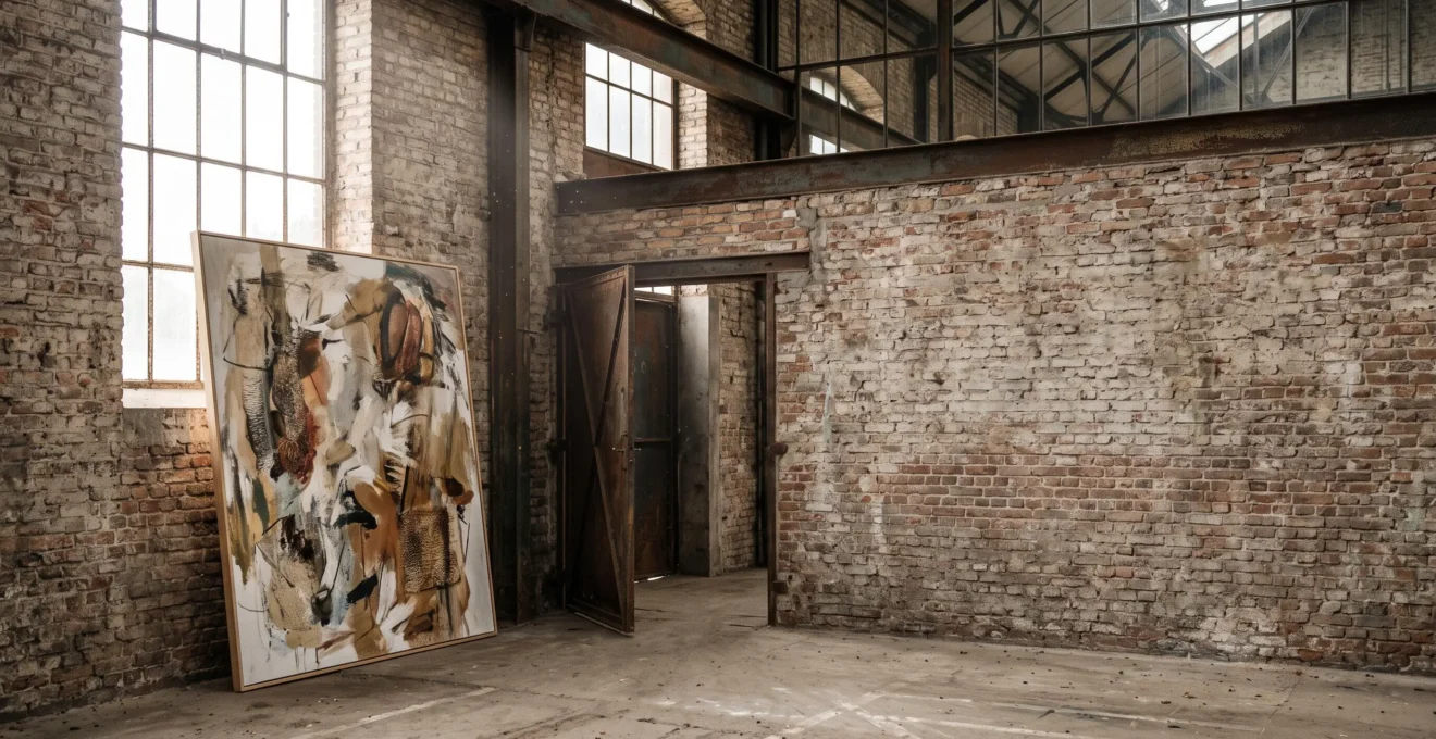 Oeuvre d'art contemporaine exposee dans un ancien espace industriel brut a Bruxelles, hors des circuits muséaux traditionnels