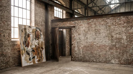 Oeuvre d'art contemporaine exposee dans un ancien espace industriel brut a Bruxelles, hors des circuits muséaux traditionnels