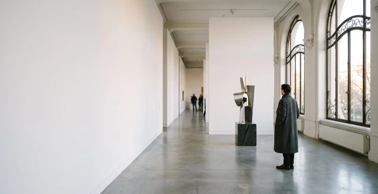 Galerie d'art épurée à Bruxelles évoquant la transition entre l'art moderne et l'art contemporain