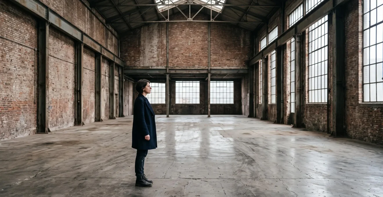 Un artiste contemporain observe un vaste espace industriel vide à Bruxelles, envisageant un lieu d'exposition alternatif loin des galeries traditionnelles