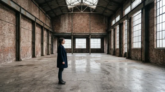Un artiste contemporain observe un vaste espace industriel vide à Bruxelles, envisageant un lieu d'exposition alternatif loin des galeries traditionnelles