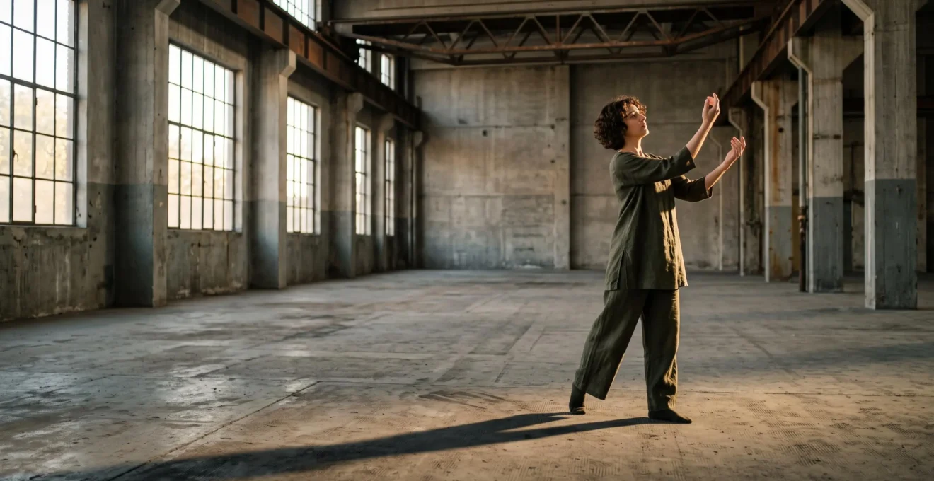 Silhouette d'un performeur dans un vaste espace industriel bruxellois évoquant le corps comme médium artistique