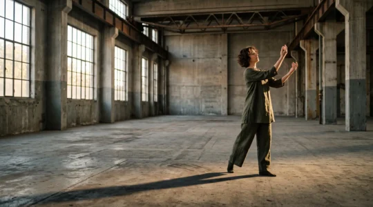 Silhouette d'un performeur dans un vaste espace industriel bruxellois évoquant le corps comme médium artistique