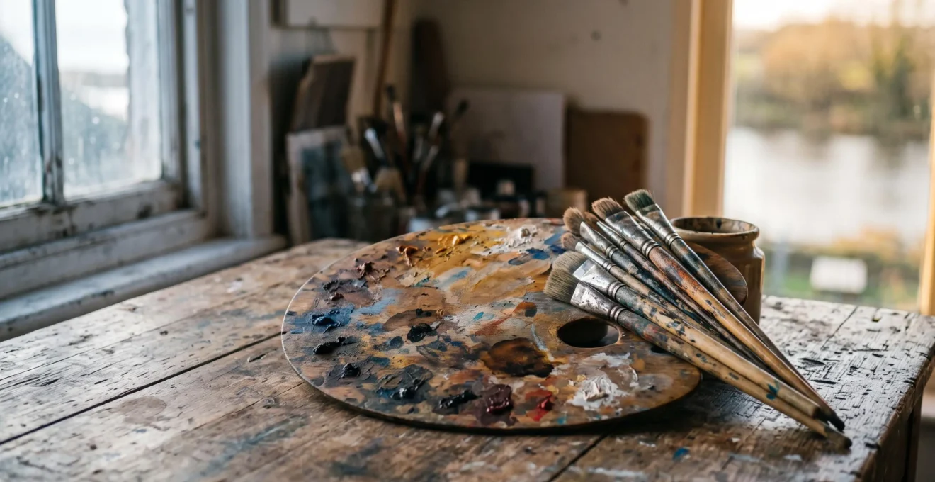 Palette et pinceaux de peintre éclairés par une lumière douce évoquant les artistes impressionnistes méconnus