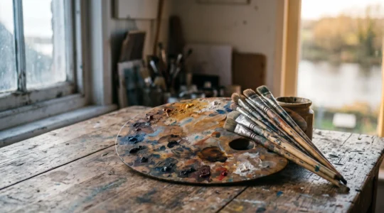 Palette et pinceaux de peintre éclairés par une lumière douce évoquant les artistes impressionnistes méconnus