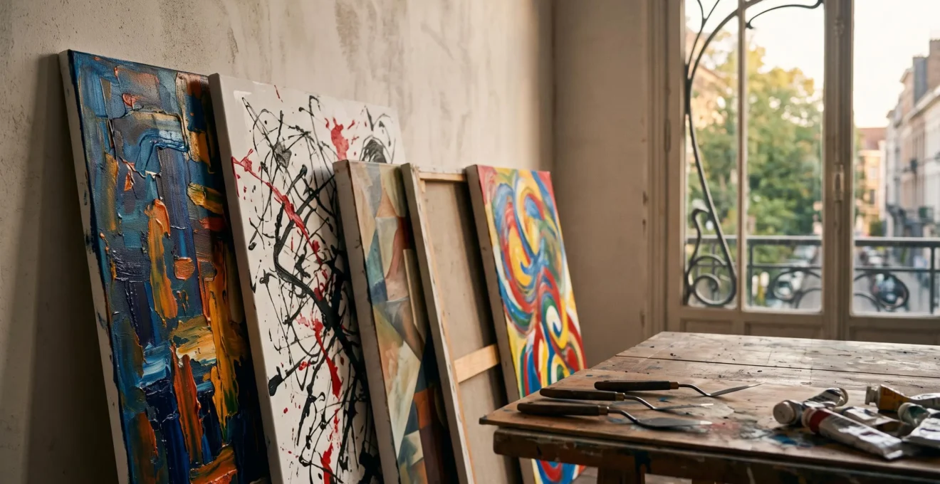 Atelier d'artiste baigné de lumière avec plusieurs toiles aux styles picturaux différents, symbolisant la diversité des courants de l'art moderne en Belgique