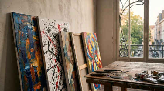 Atelier d'artiste baigné de lumière avec plusieurs toiles aux styles picturaux différents, symbolisant la diversité des courants de l'art moderne en Belgique