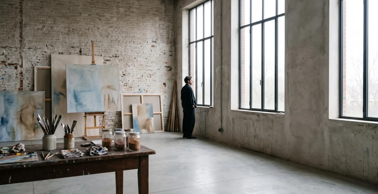 Vue large d'un atelier d'artiste contemporain à Bruxelles baigné de lumière naturelle, symbolisant la découverte d'un talent émergent avant sa reconnaissance internationale
