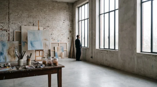 Vue large d'un atelier d'artiste contemporain à Bruxelles baigné de lumière naturelle, symbolisant la découverte d'un talent émergent avant sa reconnaissance internationale