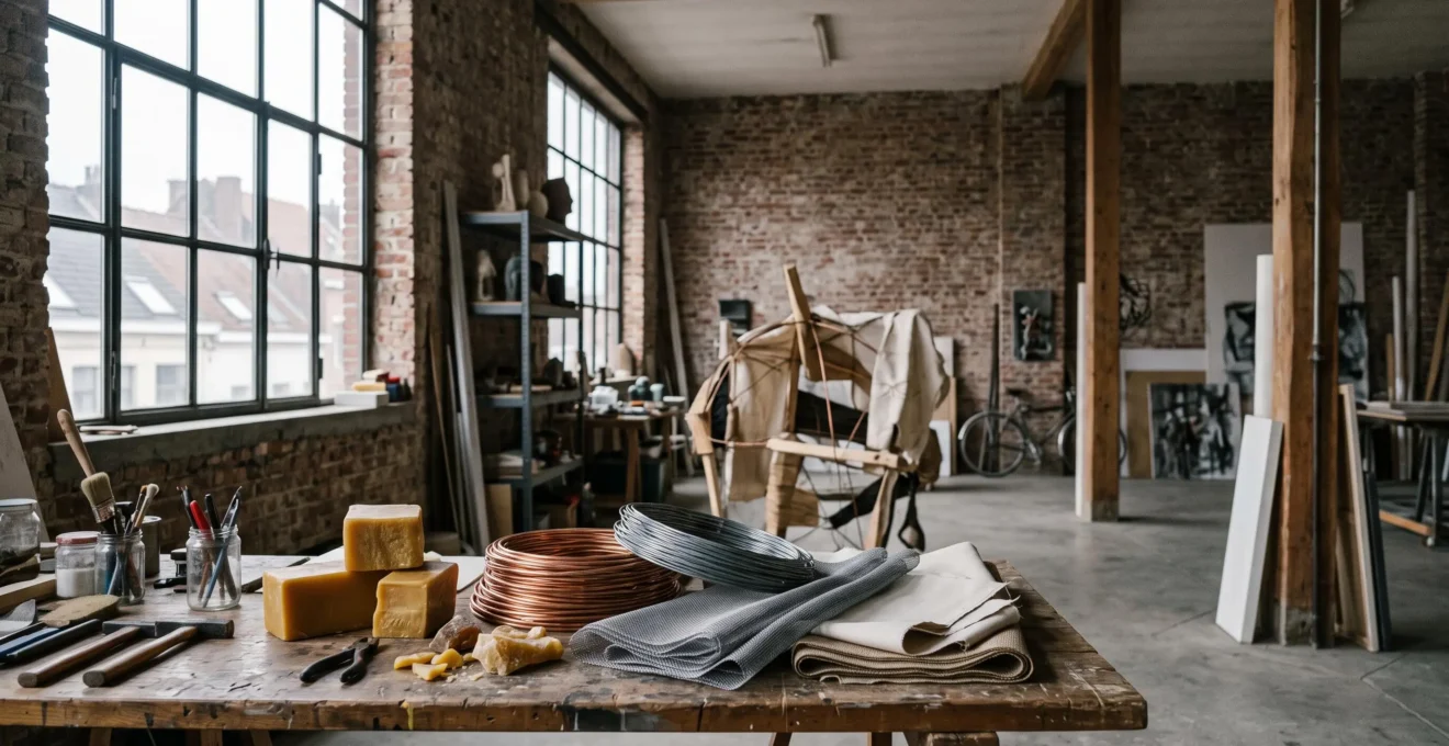 Un atelier de plasticien contemporain en Belgique, mêlant matériaux bruts, outils et lumière naturelle dans un ancien espace industriel