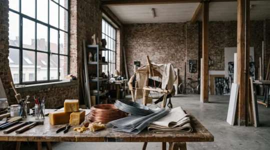 Un atelier de plasticien contemporain en Belgique, mêlant matériaux bruts, outils et lumière naturelle dans un ancien espace industriel