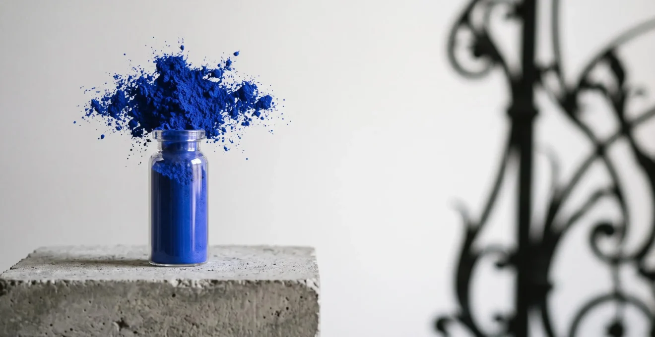 Composition symbolique évoquant le pigment bleu outremer et la quête d'infini d'Yves Klein, avec une touche architecturale belge en arrière-plan