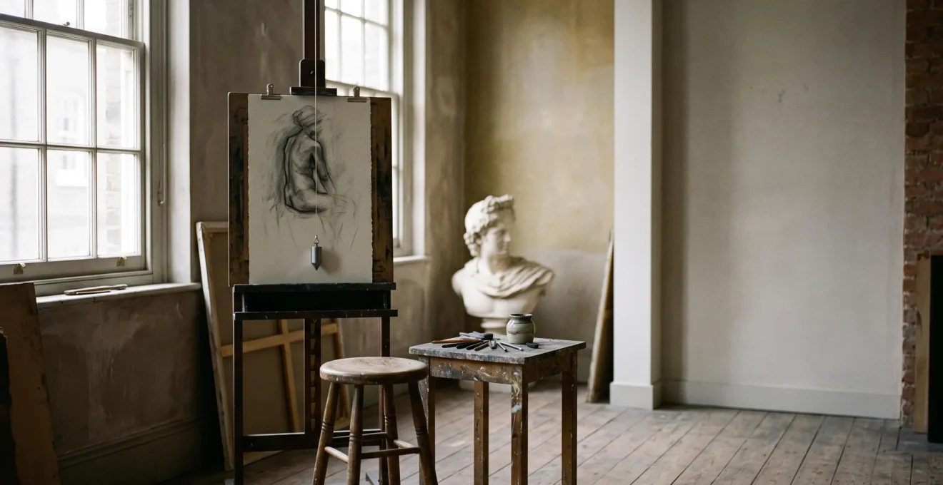 Carnet de croquis ouvert sur une esquisse anatomique inachevée, posé sur une table d'atelier baignée de lumière naturelle typique d'un intérieur belge