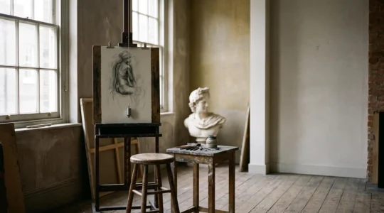 Carnet de croquis ouvert sur une esquisse anatomique inachevée, posé sur une table d'atelier baignée de lumière naturelle typique d'un intérieur belge