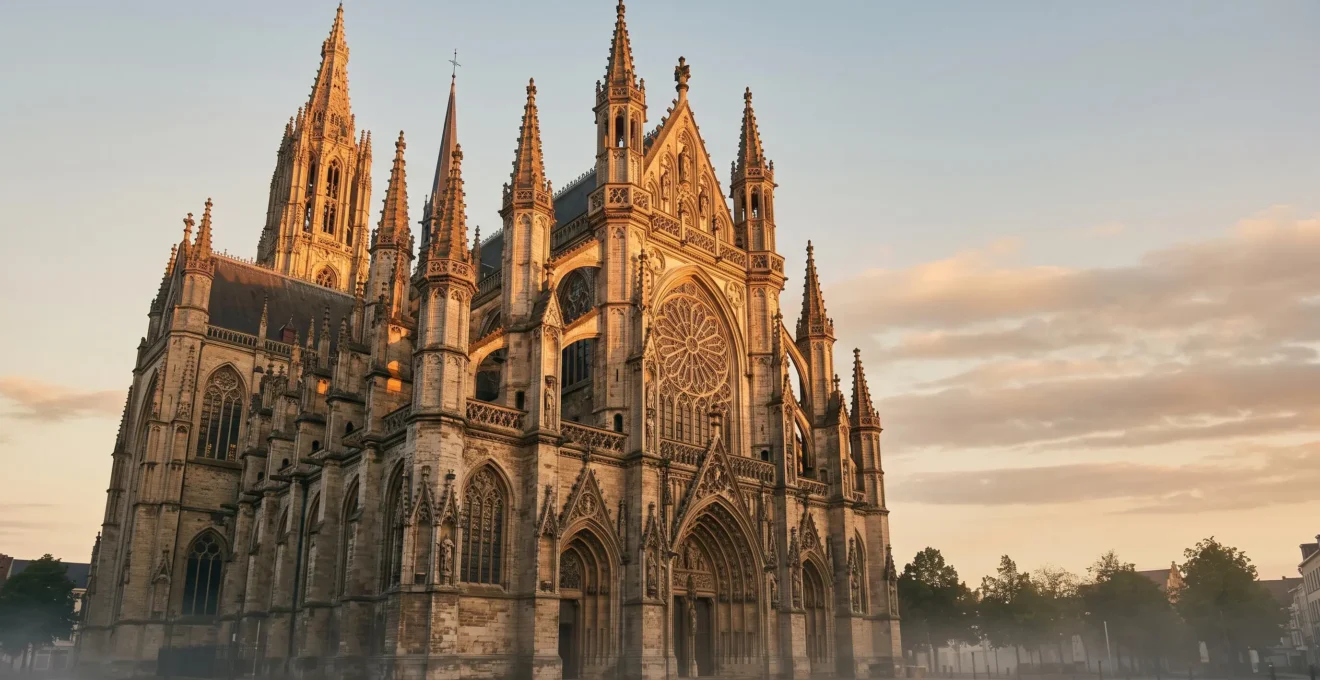 Façade d'une cathédrale gothique baignée d'une lumière dorée changeante, évoquant les différentes heures du jour