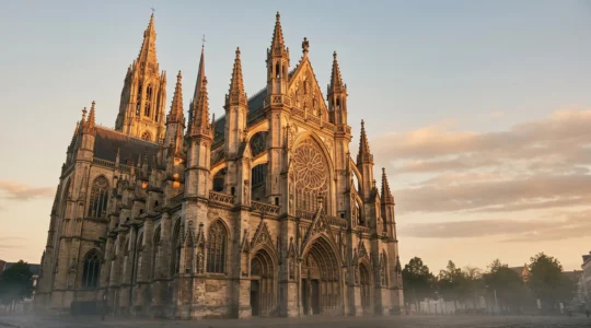Façade d'une cathédrale gothique baignée d'une lumière dorée changeante, évoquant les différentes heures du jour