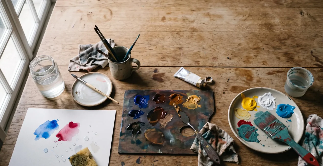 Table d'atelier de peinture divisee en trois zones symbolisant l'acrylique, l'huile et l'aquarelle