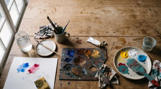 Table d'atelier de peinture divisee en trois zones symbolisant l'acrylique, l'huile et l'aquarelle