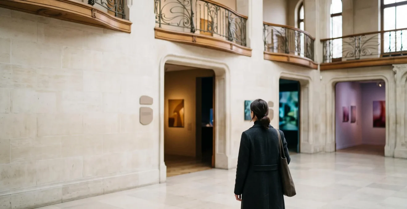 Personne contemplant plusieurs entrées de galeries et musées dans un décor architectural bruxellois, symbolisant le choix parmi une offre culturelle abondante