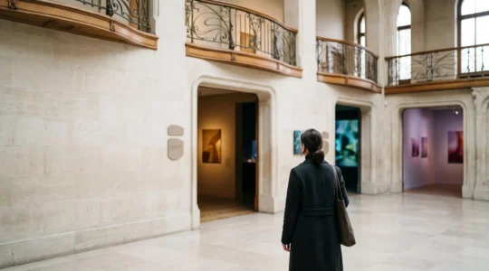 Personne contemplant plusieurs entrées de galeries et musées dans un décor architectural bruxellois, symbolisant le choix parmi une offre culturelle abondante
