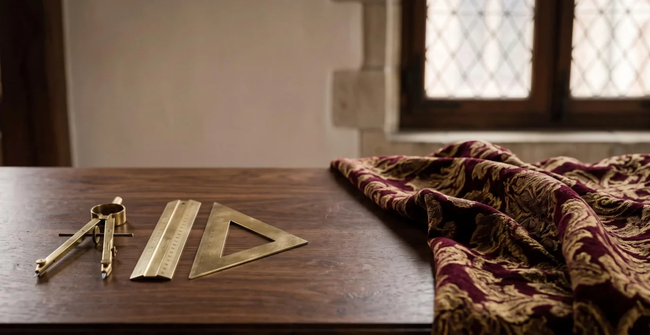 Instruments de géométrie et compas posés sur un bureau ancien face à des drapés baroques, symbolisant la codification de l'esthétique classique française face à la richesse flamande