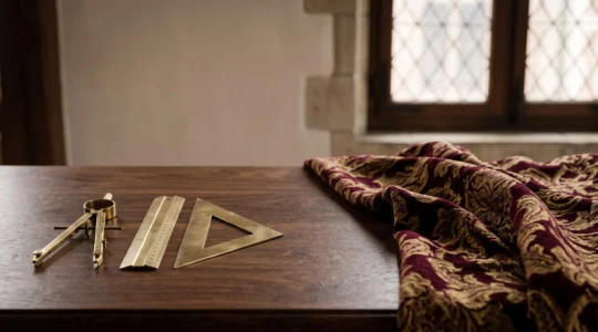Instruments de géométrie et compas posés sur un bureau ancien face à des drapés baroques, symbolisant la codification de l'esthétique classique française face à la richesse flamande