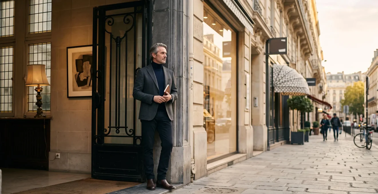 Un collectionneur d'art belge se tient entre une galerie feutrée de style bruxellois et le reflet lumineux d'une rue parisienne, symbole du choix entre deux scènes artistiques