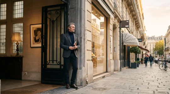 Un collectionneur d'art belge se tient entre une galerie feutrée de style bruxellois et le reflet lumineux d'une rue parisienne, symbole du choix entre deux scènes artistiques