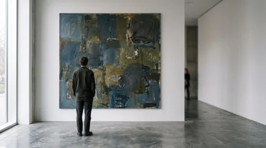 Silhouette contemplant une grande toile abstraite aux couleurs vibrantes dans une galerie lumineuse et épurée