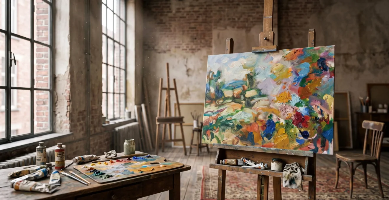 Un atelier de peintre baigné de lumière douce, où une toile figurative laisse place à des vagues de couleurs pures, symbolisant le passage vers l'art abstrait.