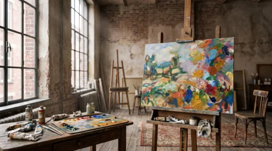 Un atelier de peintre baigné de lumière douce, où une toile figurative laisse place à des vagues de couleurs pures, symbolisant le passage vers l'art abstrait.