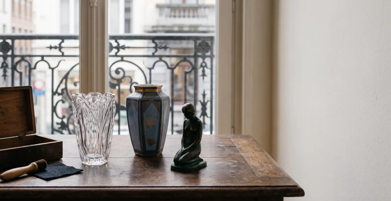 Nature morte élégante de plusieurs objets d'art de collection posés sur une table en bois dans une lumière naturelle douce