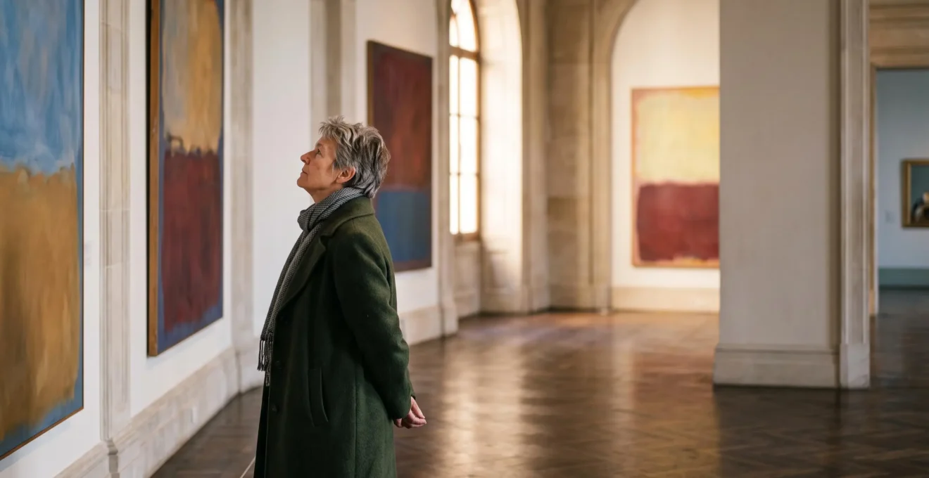Visiteur contemplant avec émotion des œuvres abstraites dans une grande salle de musée belge baignée de lumière naturelle