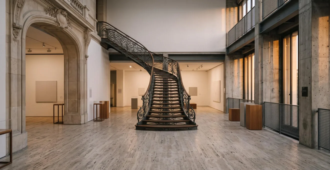 Vue symbolique d'un espace d'exposition contemporain reliant les esthétiques française, allemande et italienne avec une architecture bruxelloise en toile de fond