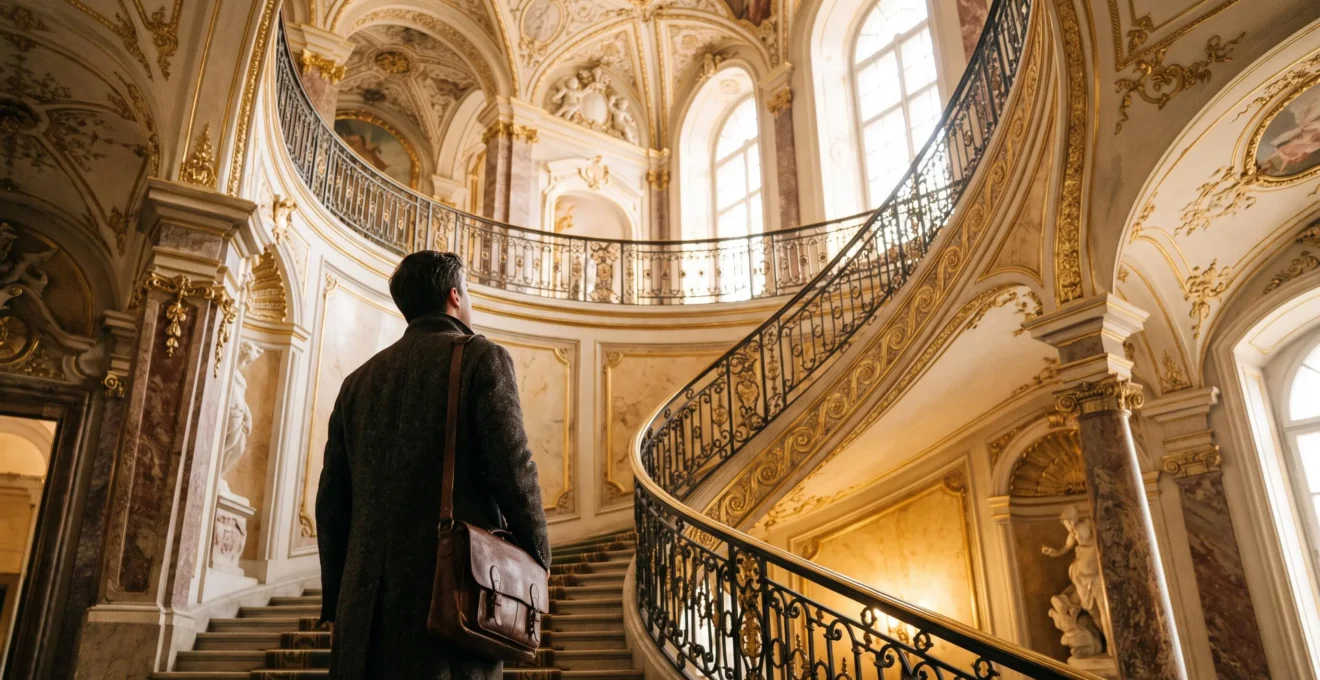 Un voyageur contemple le grand escalier doré du Palais d'Hiver à l'aube, avant l'arrivée des foules