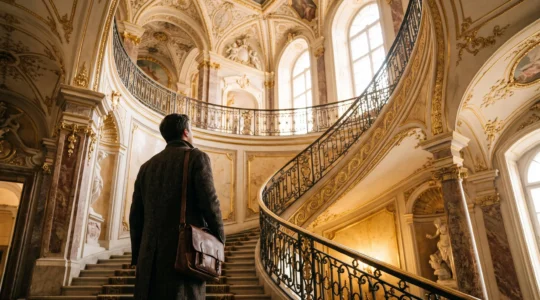 Un voyageur contemple le grand escalier doré du Palais d'Hiver à l'aube, avant l'arrivée des foules