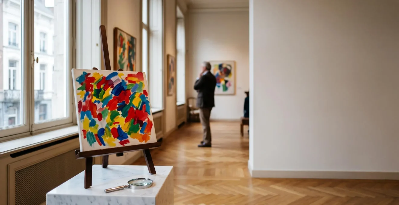 Une petite toile fauviste aux couleurs vives posée sur un chevalet dans une galerie d'art bruxelloise, éclairée par une lumière naturelle tamisée