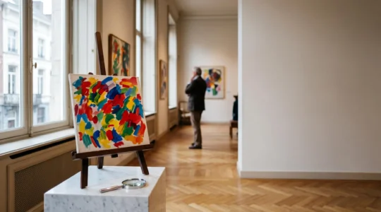 Une petite toile fauviste aux couleurs vives posée sur un chevalet dans une galerie d'art bruxelloise, éclairée par une lumière naturelle tamisée