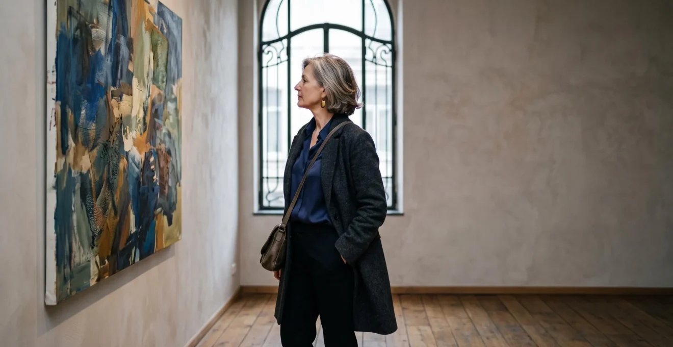 Un collectionneur contemplant une toile moderniste dans une galerie d'art bruxelloise baignée de lumière naturelle