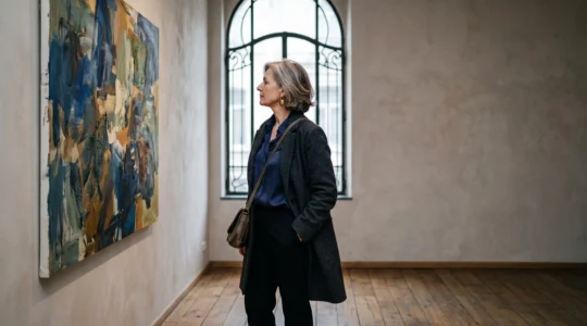 Un collectionneur contemplant une toile moderniste dans une galerie d'art bruxelloise baignée de lumière naturelle