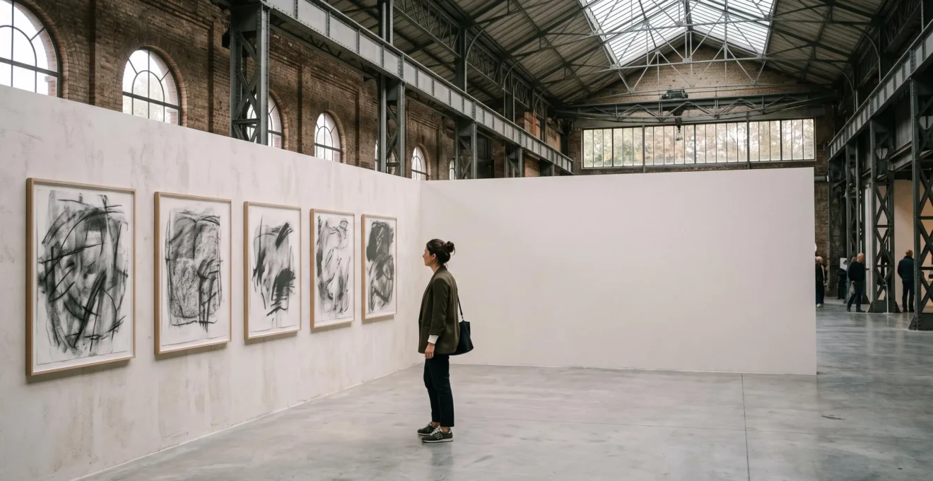 Visiteur contemplant des œuvres sur papier contemporaines dans une galerie épurée à Bruxelles