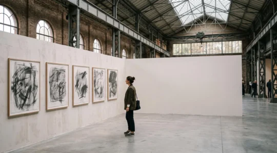 Visiteur contemplant des œuvres sur papier contemporaines dans une galerie épurée à Bruxelles