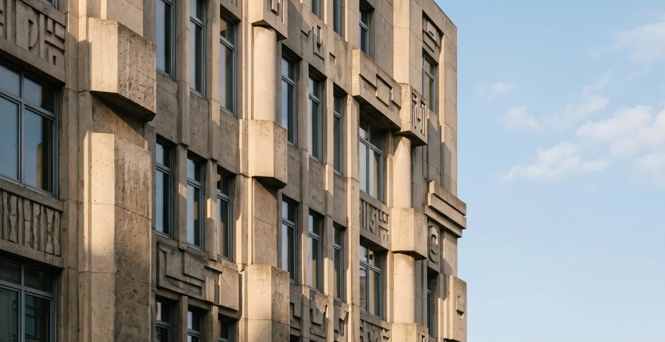 Facade geometrique d'un batiment moderniste bruxellois traversee par des ombres angulaires evoquant la decomposition cubiste