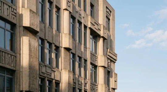 Facade geometrique d'un batiment moderniste bruxellois traversee par des ombres angulaires evoquant la decomposition cubiste
