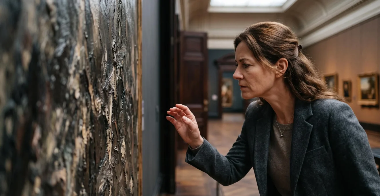 Un visiteur penche la tete pres d'une toile ancienne pour observer la texture de la peinture dans un musee belge
