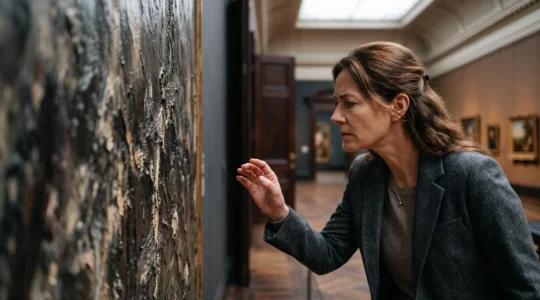 Un visiteur penche la tete pres d'une toile ancienne pour observer la texture de la peinture dans un musee belge