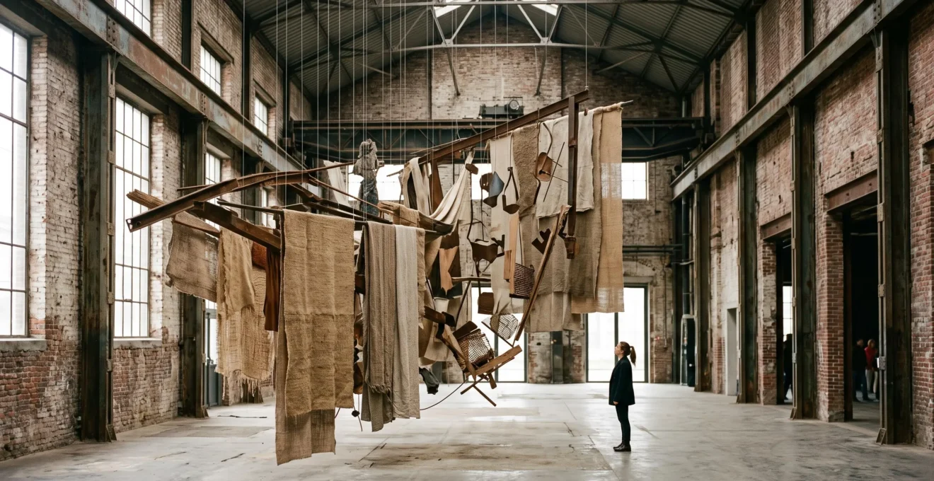 Vue large d'une installation d'art contemporain multimatériaux dans un ancien espace industriel belge, mêlant métal, textile et objets trouvés