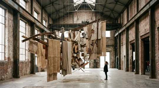 Vue large d'une installation d'art contemporain multimatériaux dans un ancien espace industriel belge, mêlant métal, textile et objets trouvés