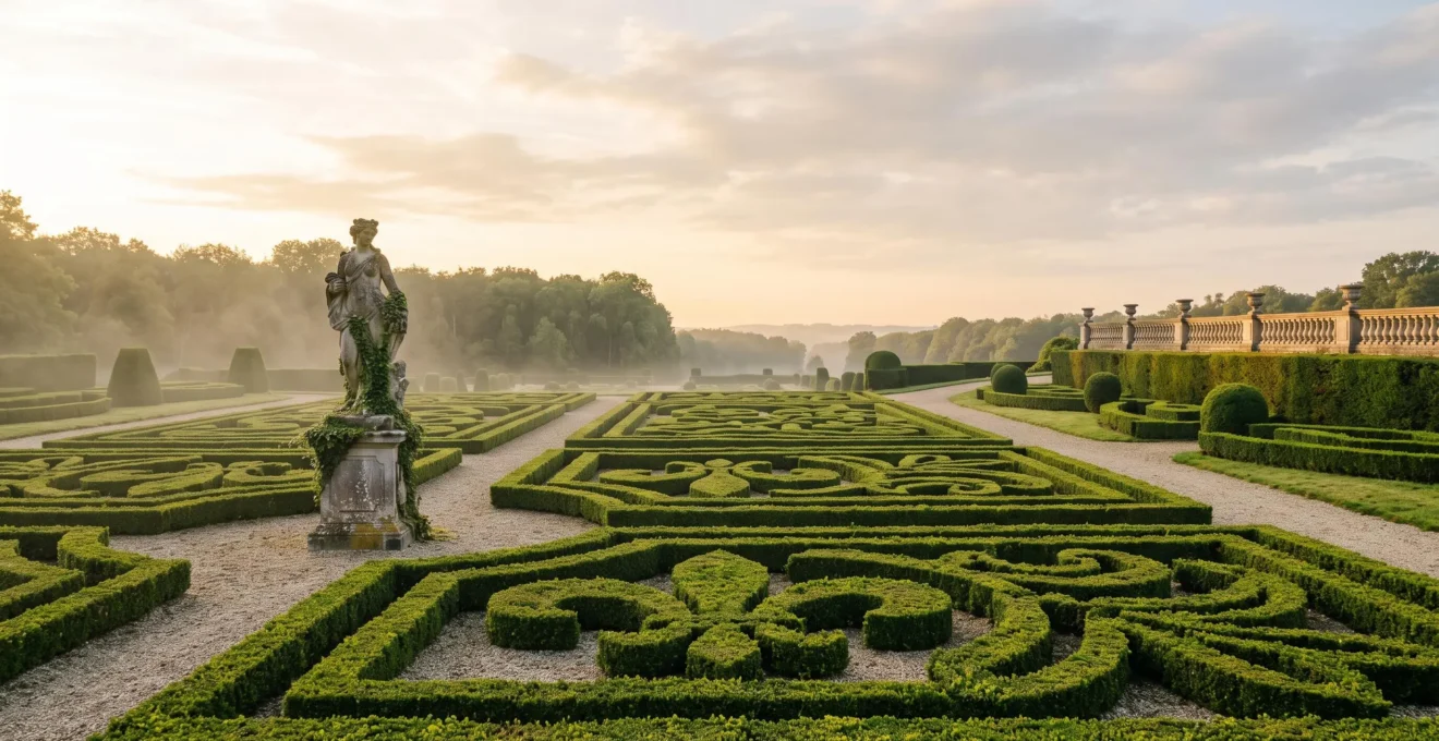 Jardin classique à la française avec allées symétriques et sculpture de pierre, dans la lumière dorée du soir, évoquant l'héritage du classicisme français en Belgique