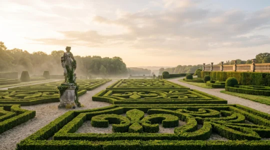 Jardin classique à la française avec allées symétriques et sculpture de pierre, dans la lumière dorée du soir, évoquant l'héritage du classicisme français en Belgique